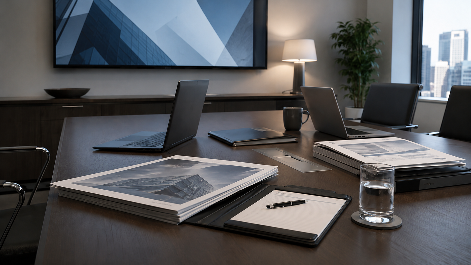 Modern executive conference room prepared for a commercial real estate briefing, with laptops, printed reports, notebooks, and a presentation screen in a cool-toned institutional setting.