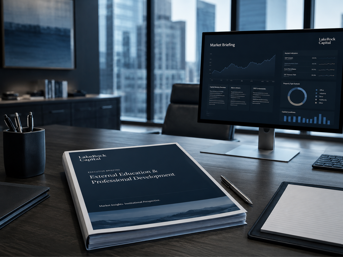 LakeRock Capital executive briefing materials and market dashboard displayed in a modern, cool-toned office.