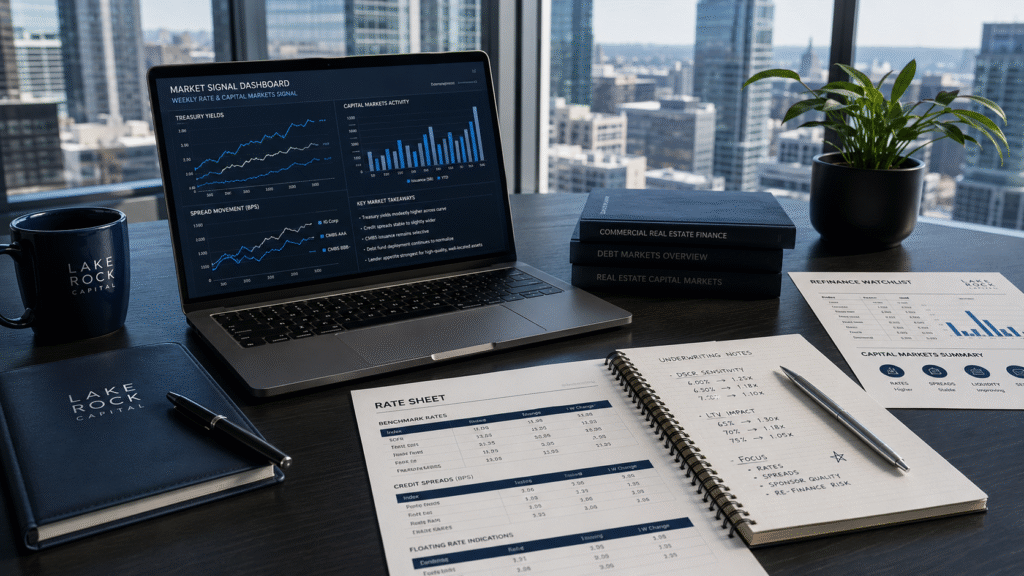 Weekly CRE Rate Signal showing higher Treasury yields and increased commercial real estate refinance pressure