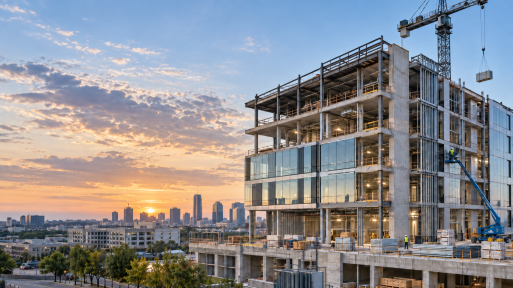 Modern mixed-use commercial building under construction at sunset, with exposed concrete and steel framing, partially installed glass façade, a crane, lift equipment, and an urban skyline in the background.