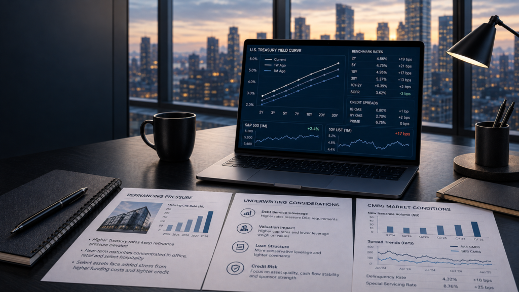 Weekly Rate Signal hero image showing a high-rise office desk at dusk with a laptop displaying Treasury yields, SOFR, credit spreads, and market charts, alongside printed CRE refinancing, underwriting, and CMBS analysis