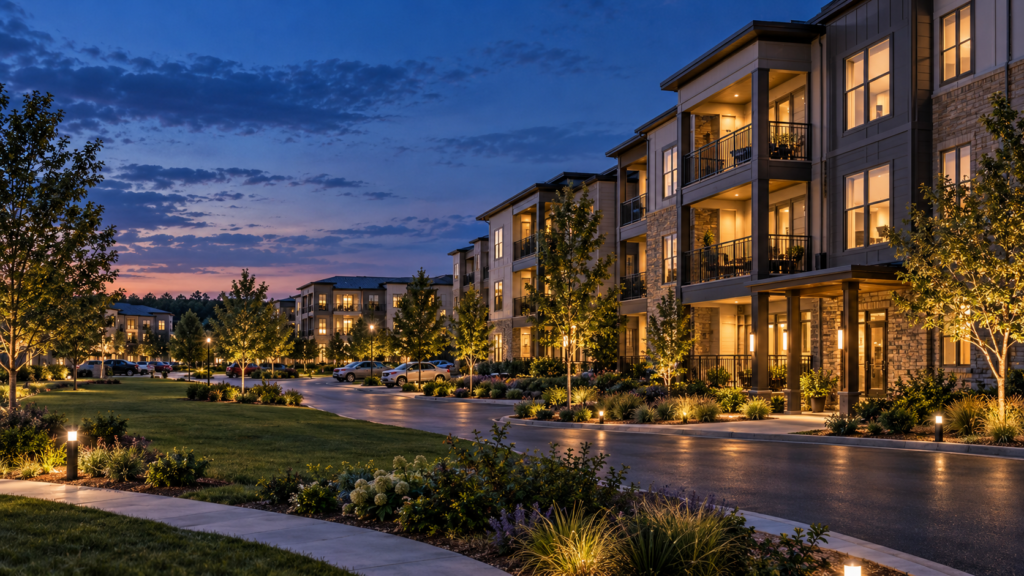 Modern garden-style multifamily property representing CRE capital markets and financing conditions